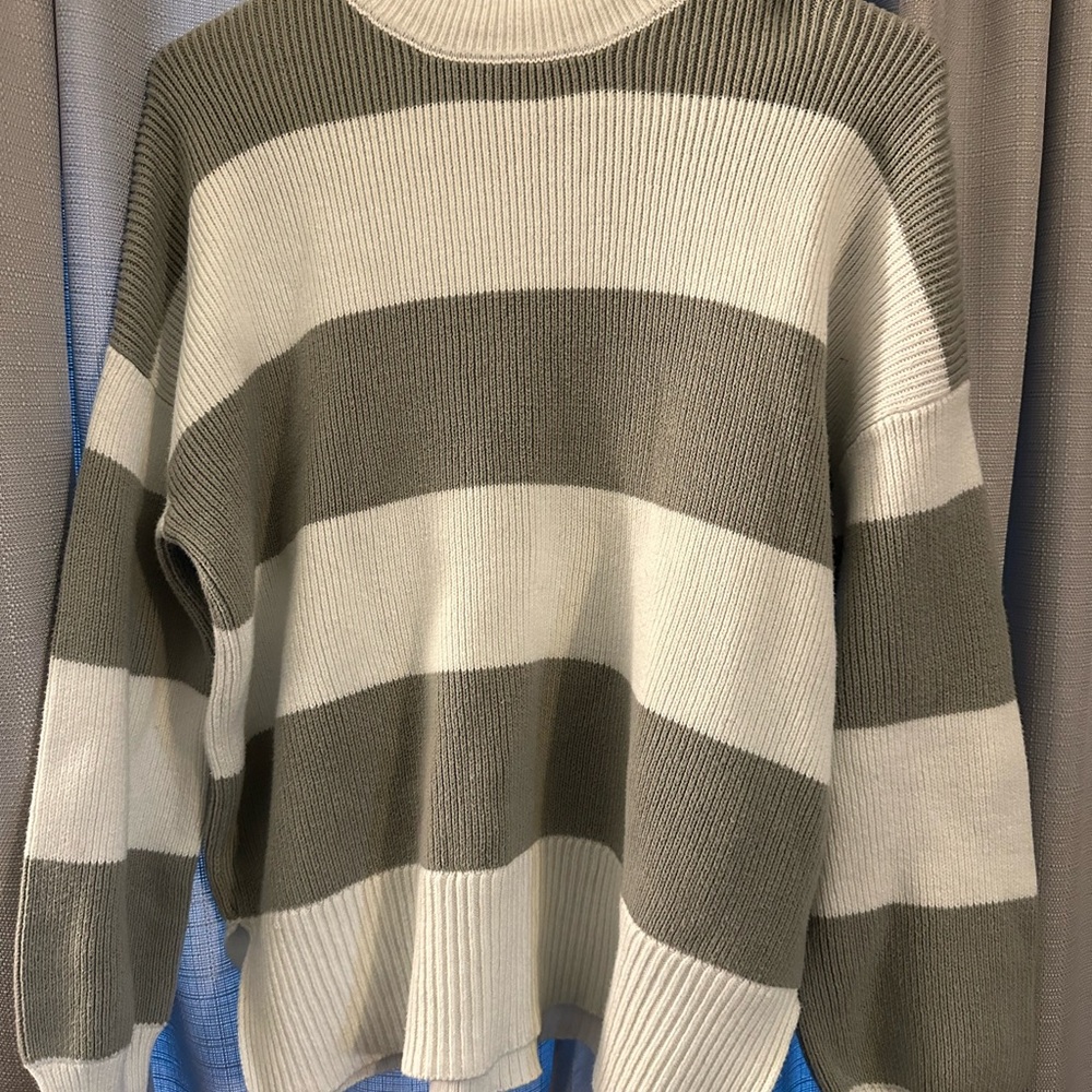 Striped Crewneck Sweater in Olive and White